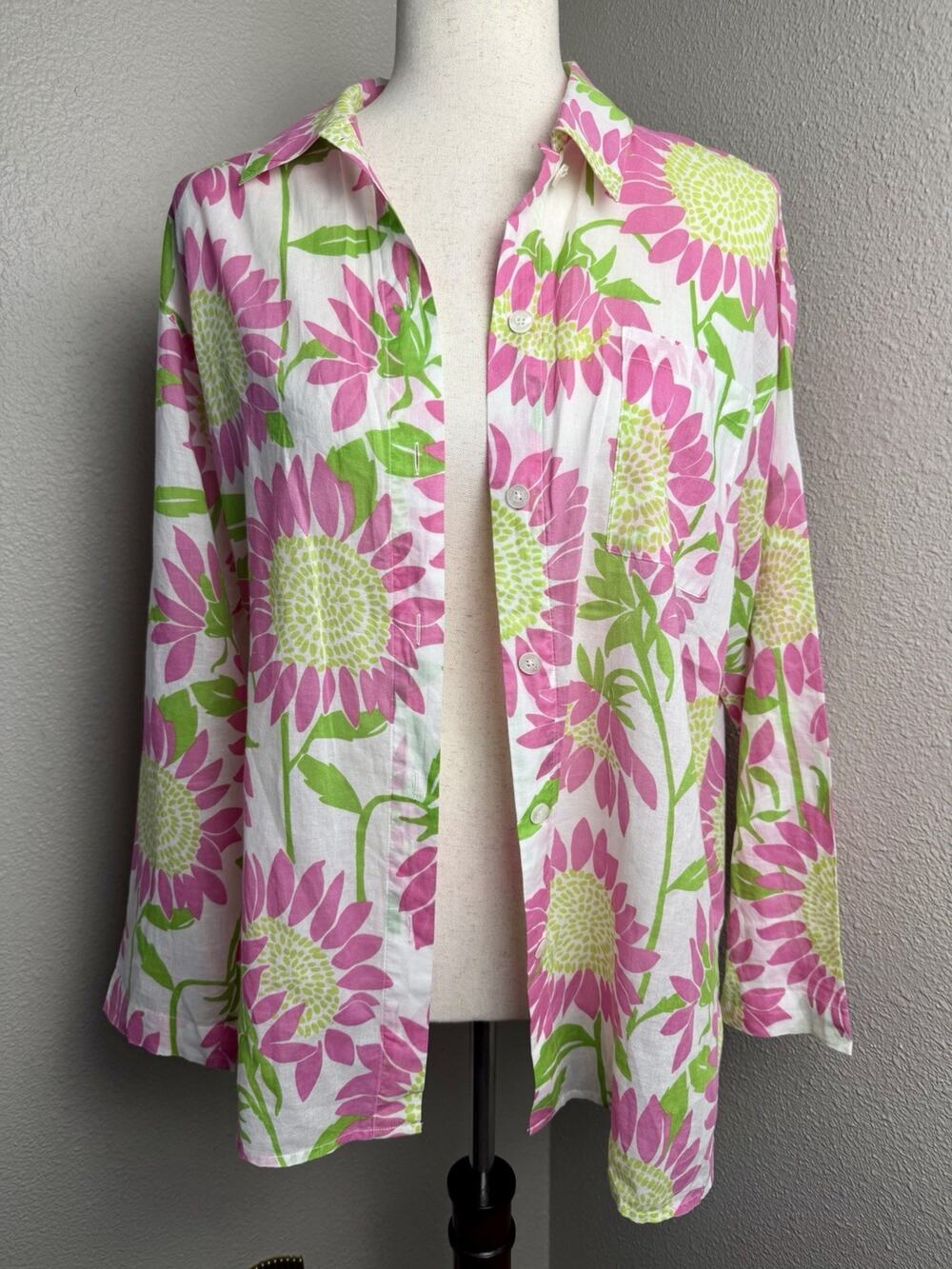 VTG Lilly Pulitzer White Label Sunflower Floral Button Front Shirt Cotton Small